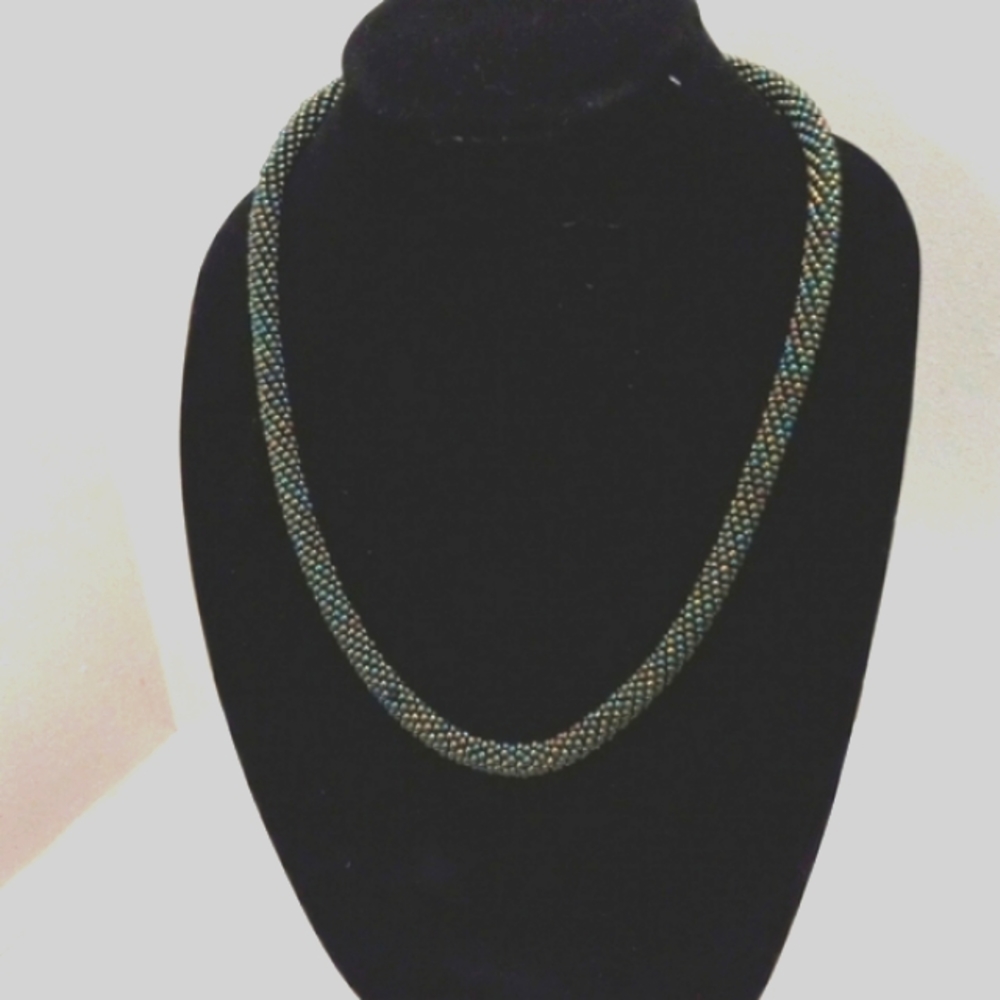 Blue Chochet Seed Beaded Neckless 24", Magnetic Clasp
